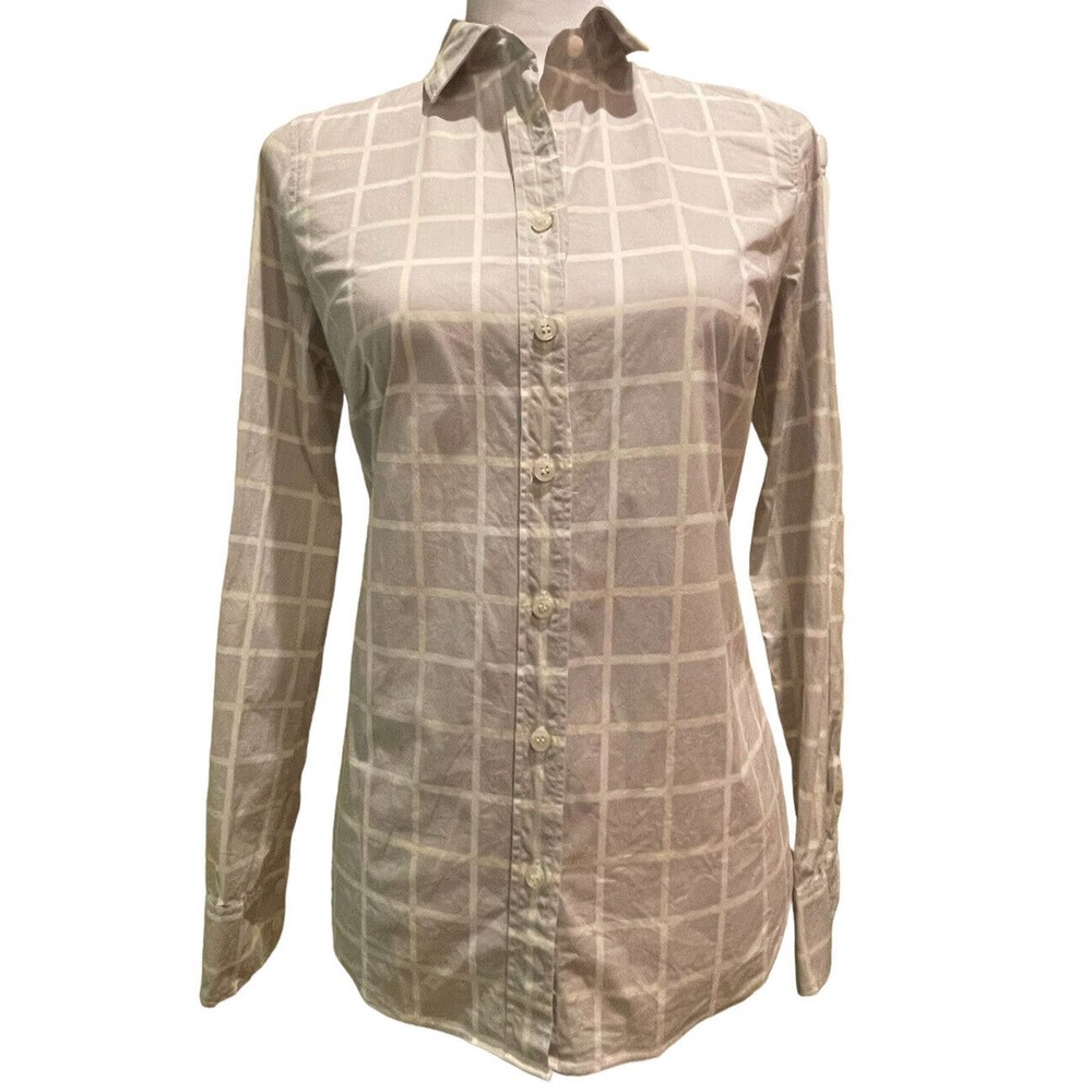 J Crew Haberdashery Shirt Womens XS Ivory gray check Print Long Sleeve Button Up